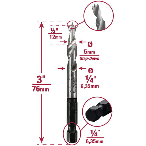 Pro Grade 5mm Shelf Jig Bit for 1343 Shelf Jig, quarter inch quick connect shank, 5mm step down, high-speed steel drill bit with measurements