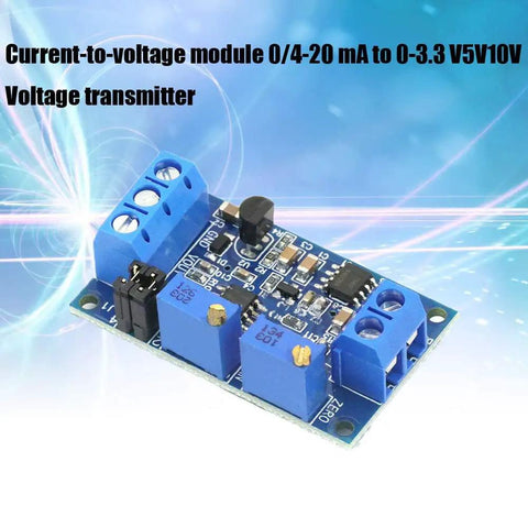 Four Pack Current To Voltage Converter Module For 4-20mA To 0-3.3V, 0-5V, Or 0-10V Readouts, blue PCB board with terminals.