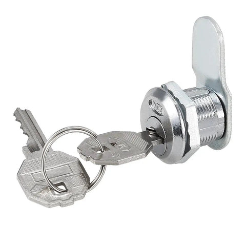 Beefed-Up Offset Cam Lock For Cabinets And Drawers, 5/8 Inch Cylinder Length, Chrome Zinc Alloy Finish, with keys, side view