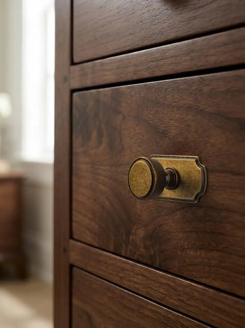 Close-up view of a vintage-style antique brass cabinet knob on dark wood cabinet, highlighting its design and material.