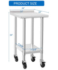 Pro Grade Stainless Steel Commercial Work Table With Wheels For Kitchens And Labs, 24x24 Inch Prep And Work Surface, shown with dimensions.