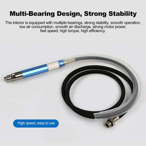 Air Powered Pencil Die Grinder Kit Pumping 65000 Rpm with multi-bearing design, ergonomic grip, and flexible hose for precision tasks.