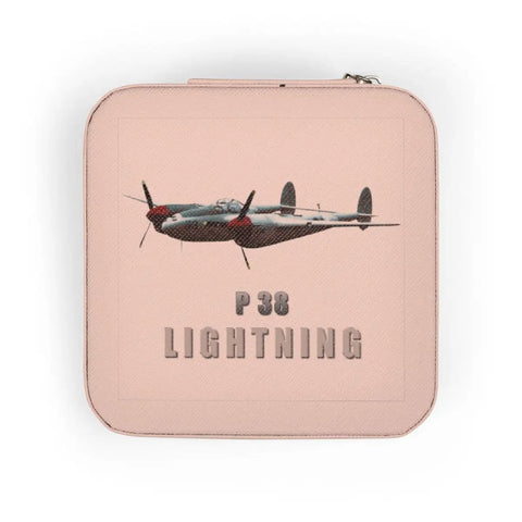 Lightning Aircraft Pink Jewelry Travel Case For Women with plane design, Plush Lining, 4x4x2 Inch Size, closed view
