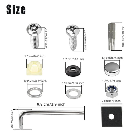 Lock Your Plates Down Super Tight With This Hella Durable Anti Theft License Plate Screws Kit size chart showing screws and tools.