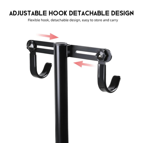 Heavy Duty Bike Repair Stand With Hook Mount, Height Adjustable From 80 to 130 cm, Easy Assembly, showing detachable hook design.