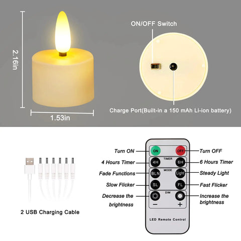 USB Rechargeable 3D Wicks Tealight Candles Flameless Flickering Battery Operated With Remote Control And Timer product image