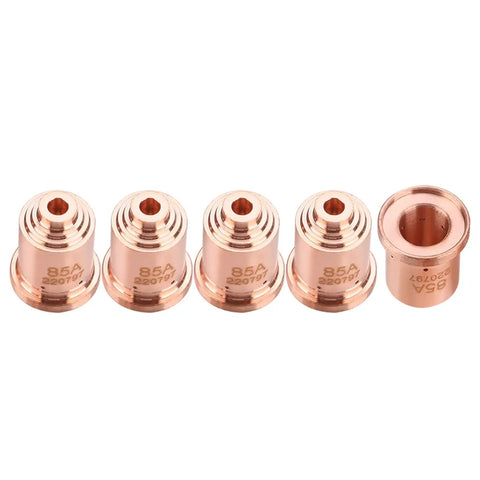 Durable 85 Amp Plasma Cutter Nozzle Tips and Consumables for Max85 Torch, five copper tips for heavy-duty cutting.