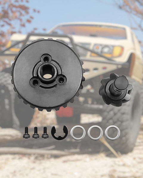 Close-up of 8T/27T RC Heavy Duty Steel Overdrive Bevel Gear Set For Capra SCX10 II III with screws and washers