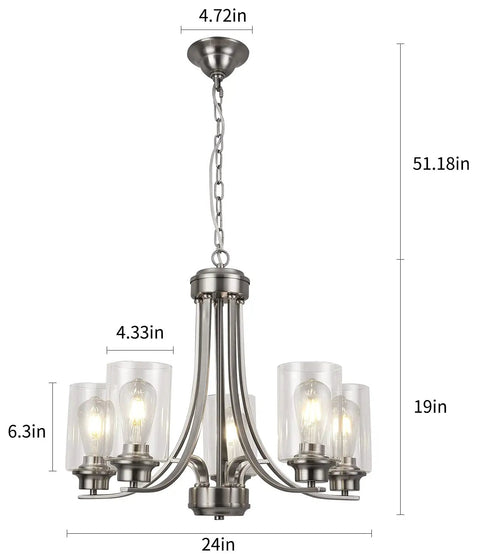 5 Light Brushed Nickel Chandelier With Clear Glass Shades For Dining Room Kitchen Island Foyer Plus More Modern Traditional Pendant Lighting Fixture For Any Space, dimensions shown.