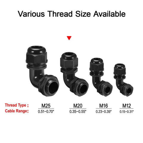 Various thread sizes of right-angle cable glands, M12 to M25, including 90 Degree M20 Cable Gland Adjustable 9 to 14mm Strain Relief Cord Connector