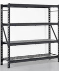 Industrial Grade Heavy Duty Steel Wireless Shelving Rack 77 X 24 X 72 Inches black rack with four wire shelves for garage storage.