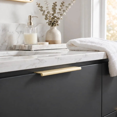 10 Pack Slick Brushed Gold Finger Edge Drawer Pulls Featuring Smooth Hidden Grip and Heavy Duty Zinc Construction For Quick Cabinetry Makeover Includes All Mounting Hardware For Fast Setup on dark cabinet.
