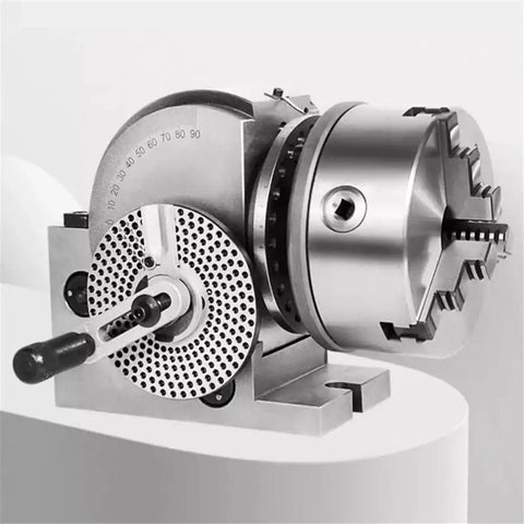 Solid Six Inch Universal Indexing Head For Milling Machines featuring heavy duty three jaw chuck and CNC rotary axis tailstock kit.