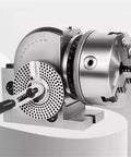 Heavy Duty Universal Indexing Head Serving Sweet Precision Dividing For Your Milling Rig With Rock Solid 160Mm Three Jaw Chuck Cnc Rotary Axis And Knockout Tailstock Setup, side view showing chuck and dividing plate.