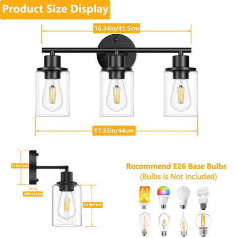 Image showing dimensions of Three-Light Black Bathroom Wall Light With Clear Glass Shades, Modern Vanity Light Over Mirror, Farmhouse Style Sconce.