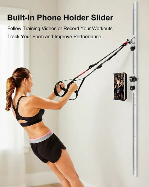 Person using Adjustable Resistance Band Wall Anchor System With Dual 40 Inch Aluminum Rails And Sliding Mounts for workout