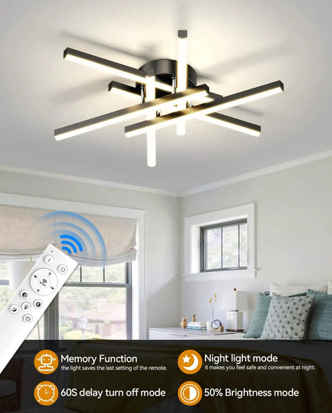 Dope Sputnik Ceiling Light Fixture 52W LED Dimmable with Remote Black Flush Mount Chandelier in a living room setting, shown illuminated.