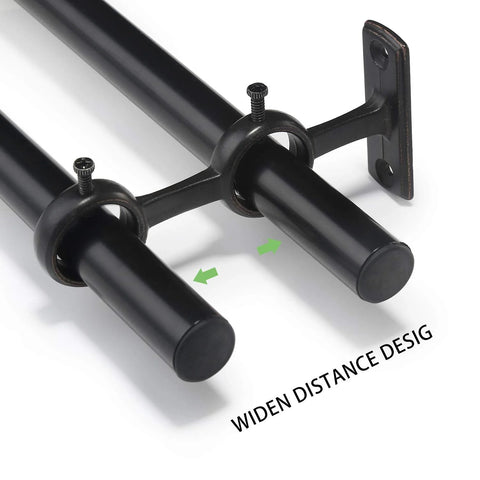 Close-up of Three Piece Adjustable Curtain Rod Brackets Set With Double Wall Mount Holders in black finish, fits 5/8-1 inch rods