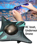Smart App Controlled Underwater Drone With HD Camera swimming in aquarium with smartphone control display.