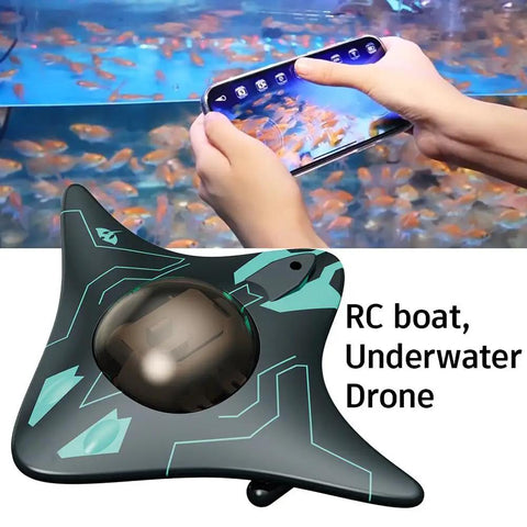 Smart App Controlled Underwater Drone With HD Camera swimming in aquarium with smartphone control display.