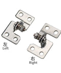 Front view of stainless steel adjustable torque shaft hinges, left and right, with mounting plates and screws.