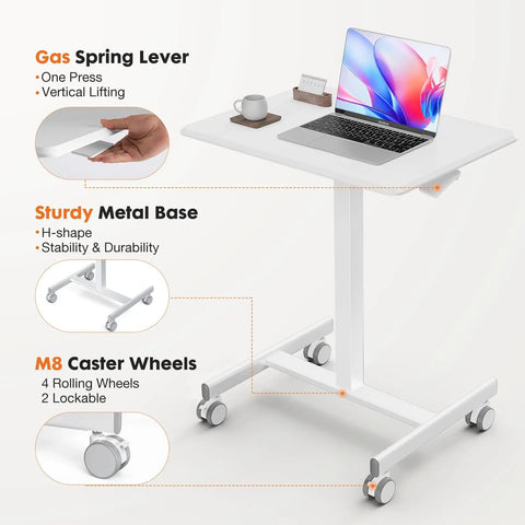 Mobile Small Standing Desk With Lockable Wheels For Sit Stand Work Desk On Wheels Portable Rolling Laptop Desk Adjustable Height Computer Station On Casters White Finish, showing features like gas spring lever and sturdy metal base.