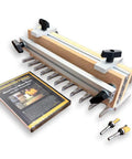 Top Shelf Dovetail Jig Kit For Woodworking Pros Featuring Preassembled Plates Router Bits And Locking Clamps, showing jig and router bits.