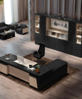 Modern Executive Computer Desk With Built In Storage Cabinet, Grind Ready Home Office Workstation, Boss Approved Writing Table designed for productivity.