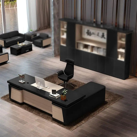 Modern Executive Computer Desk With Built In Storage Cabinet, Grind Ready Home Office Workstation, Boss Approved Writing Table designed for productivity.