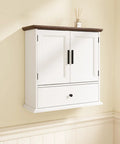 Over The Toilet Bathroom Wall Cabinet With Drawer And Adjustable Shelves Floating Medicine Cabinet Organizer For Small Bathrooms Dual Doors White And Brown Space Saver Storage Easy To Install, mounted on wall