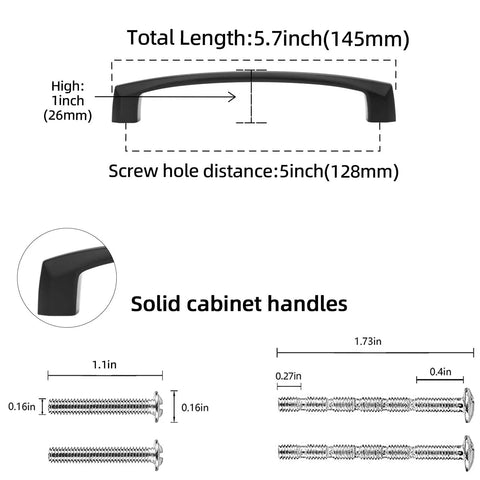 Top Shelf 10 Pack 5 Inch Matte Black Cabinet Pulls Featuring Hella Sturdy Zinc Alloy Body And Smooth Grip Design, measures 5.7 inches.