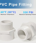 Two Pack One And A Half Inch PVC Male Thread Fittings With Slip Socket Two Way Pipe Couplers For Schedule Forty PVC White