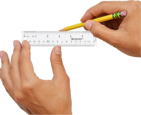 Hands holding Crystal Clear Acrylic Ruler 6 Inch Beveled Edge With Easy To Read Markings, clear view of both scales.