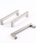 Champagne Oval Flat Cabinet Handles Set in Stainless Steel, 6-3/10 Inch Center for Kitchen Cabinets and Dressers, shown in three views.