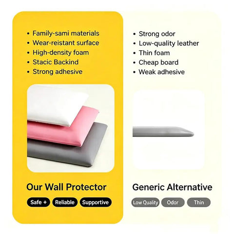 Solid White 3D Foam Wall Protectors on yellow background showcasing safe materials, comparing with generic alternatives.