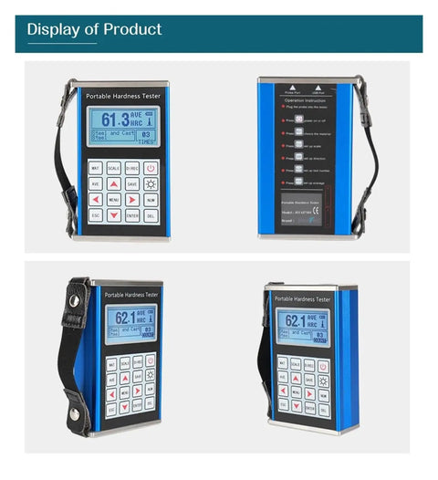 Portable Digital Leeb Hardness Tester For Steel And Alloys With Knockout Accuracy Up To 960Hld, showing various angles and display.