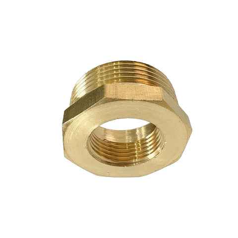 Brass NPT reducer hex bushing, 1-1/4 in male x 3/4 in female, threaded pipe fitting