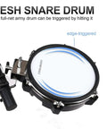 Close-up of a mesh snare drum from the Eight Piece Electronic Drum Kit With Mesh Heads, featuring an edge-triggered design.