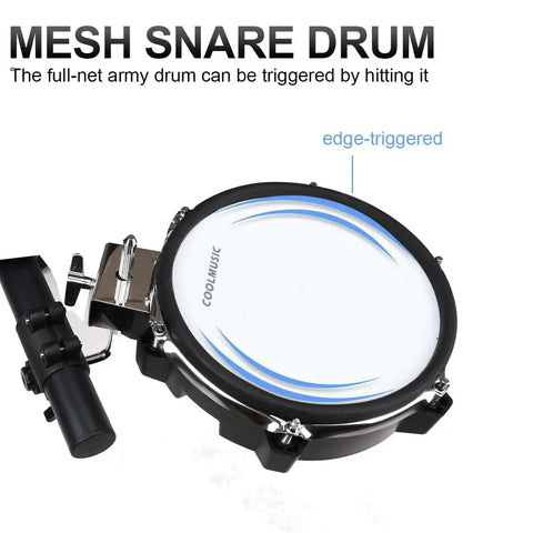 Close-up of a mesh snare drum from the Eight Piece Electronic Drum Kit With Mesh Heads, featuring an edge-triggered design.