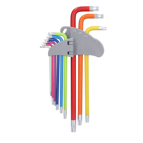 Top Notch Professional Star Hex Key Wrench Set Made From Heavy Duty Chrome Vanadium Steel Long Arm Torx Tool Kit With Zero Rebound Design For Real Mechanics And Serious DIY Projects In Sizes T10 Through T50 That Rock. Color-coded Torx key set T10-T50 in holder