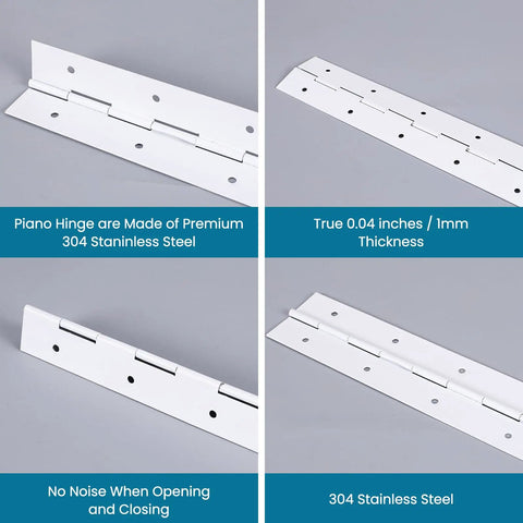 Two Pack 12 Inch White 304 Stainless Steel Heavy Duty Continuous Piano Hinges With Screws shown with thickness details and features.