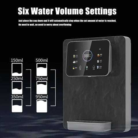 Wall Mounted Instant Hot Water Dispenser With 2200W Heating Power For Quick Boiling Water No Waiting Dual Temperature Hot And Cold 20L Per Hour Capacity Child Lock Sleek Black Design For Home Or Office Use showing six water volume settings