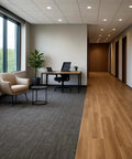 Built Different Premium Flooring Underlayment For Luxury Vinyl Plank And Carpet Tile Roll shown in modern office hallway.