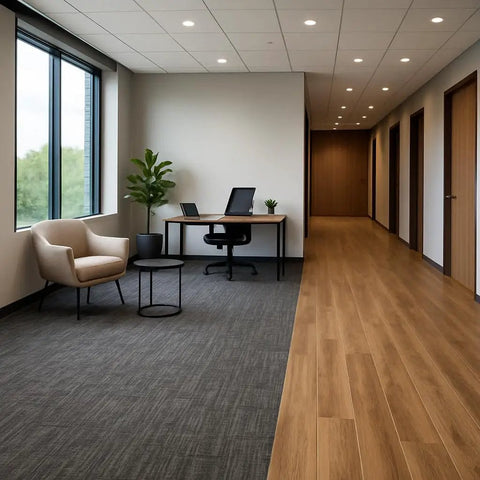 Built Different Premium Flooring Underlayment For Luxury Vinyl Plank And Carpet Tile Roll shown in modern office hallway.