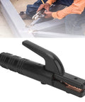 Heavy Duty Welding Electrode Holder Clamp With 300A Capacity For Industrial Use, Heat Tolerant Insulated Body showing black clamp.