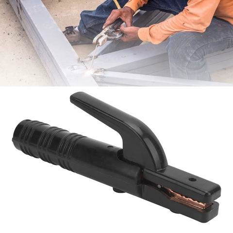 Heavy Duty Welding Electrode Holder Clamp With 300A Capacity For Industrial Use, Heat Tolerant Insulated Body showing black clamp.