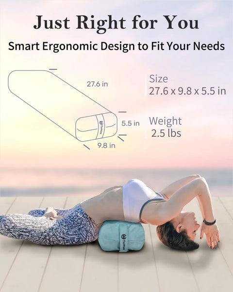 Rectangular Yoga Bolster Set With Carry Handle And 8 Foot Strap Restorative Soft Meditation Pillow Durable 38D Foam Filling Machine Washable Cover Great For Deep Stretchin And Safe Cushioned Support. woman using rectangular yoga bolster for backbend, 27.6 x 9.8 x 5.5 in
