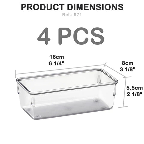 Clear Drawer Organizer Set Of 4 Pieces For Office, Home, Kitchen And Makeup Storage, Grab And Go Crystal Clear Plastic Modular Box Trays For Junk Drawers, Easy To See And Use, Each Measures 6.25 X 3.13 X 2.13 Inches, product dimensions illustration