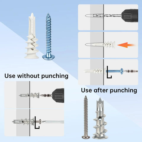 Heavy Duty Drywall Anchors And Screws Kit 300 Piece Assortment in 7 Sizes showing use with and without pre-drilling for mounting.