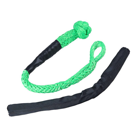 Four Pack One Half Inch Green Synthetic Soft Shackle Rope With Protective Sleeve and Four Blue Anodized Aluminum Recovery Snatch Rings